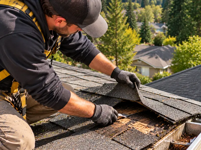 Roofer lifting worn asphalt shingles to replace damaged shingles and exposed decking near the roof edge.