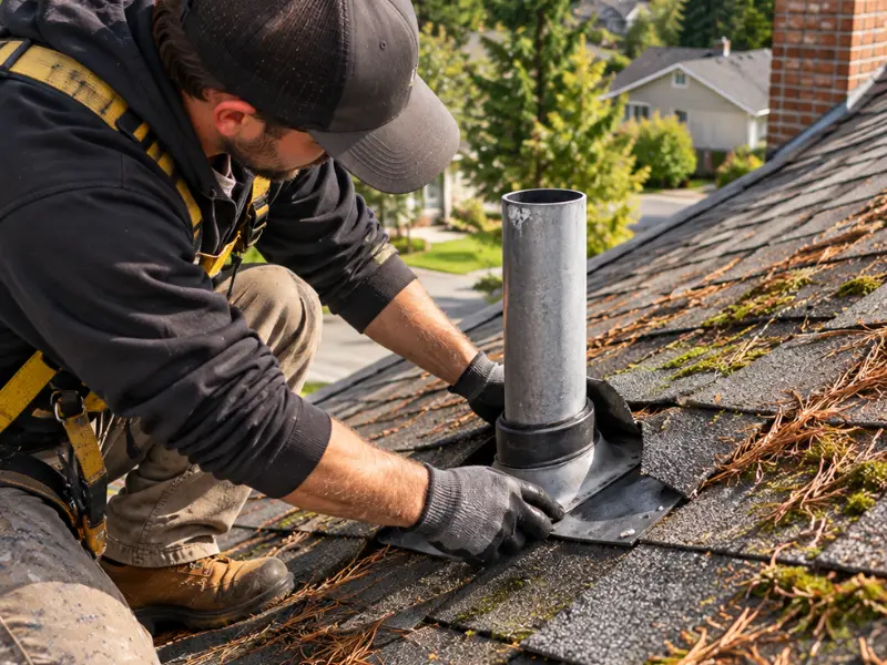 Roofer in a safety harness sealing the flashing around a vent pipe on a moss-stained shingle roof