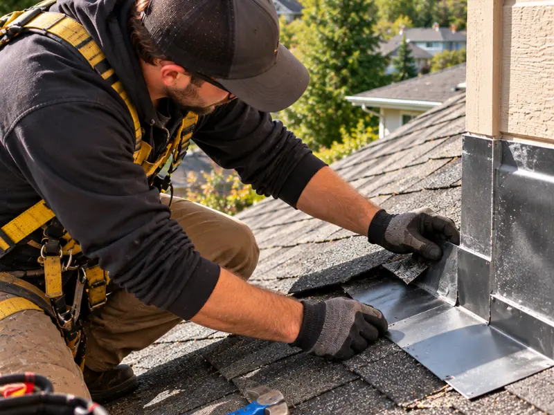 Roofer in a safety harness installing metal flashing where an asphalt shingle roof meets a wall
