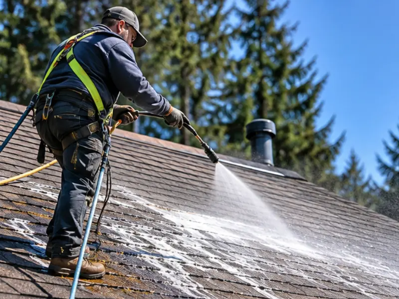 Roof cleaning technician in a safety harness spraying cleaning solution across asphalt shingles. Roof cleaning technician in a safety harness spraying cleaning solution across asphalt shingles.
