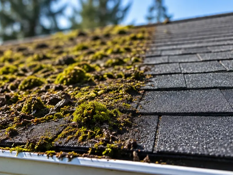 Close-up of moss growing on asphalt shingles with a cleaner section showing the roof after moss removal. Close-up of moss growing on asphalt shingles with a cleaner section showing the roof after moss removal.