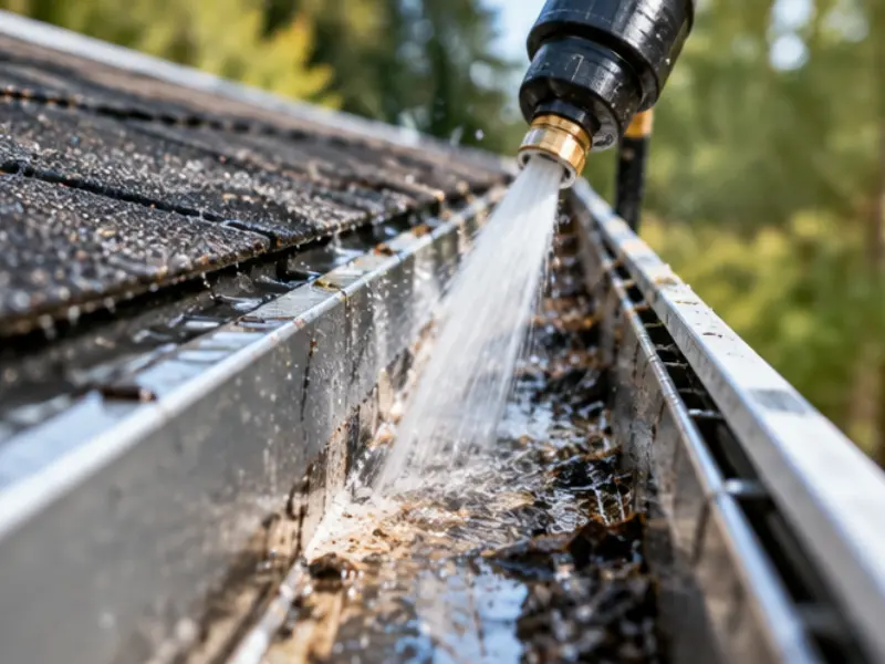 High-pressure water flushing debris out of a gutter trough during a professional gutter cleaning. High-pressure water flushing debris out of a gutter trough during a professional gutter cleaning.