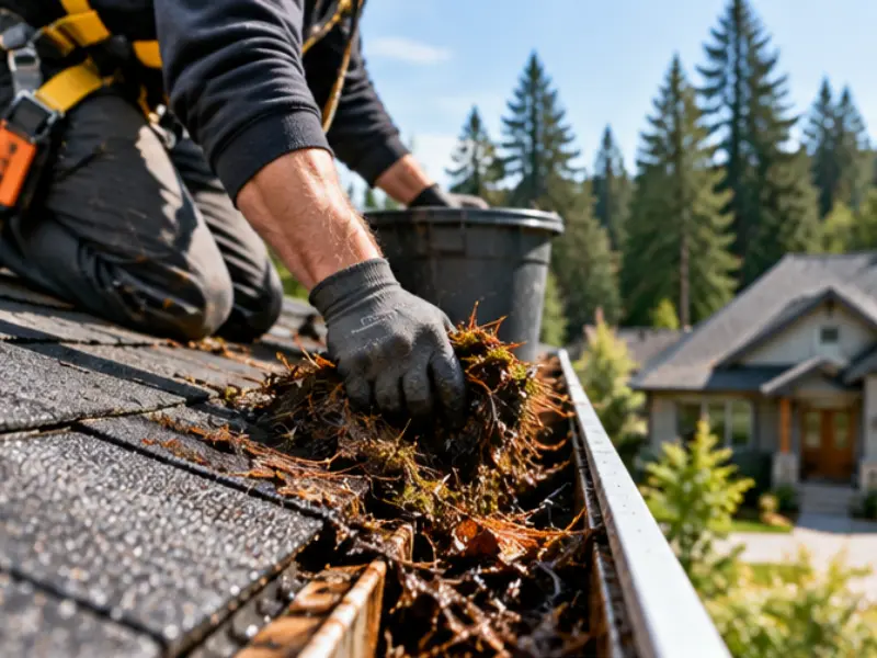 Roofer in a safety harness hand-clearing conifer needles and debris from a gutter in Graham, WA. Roofer in a safety harness hand-clearing conifer needles and debris from a gutter in Graham, WA.