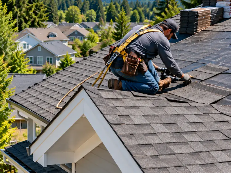 Local roofing contractor in a safety harness installing shingles on a home in Graham, WA. Local roofing contractor in a safety harness installing shingles on a home in Graham, WA.