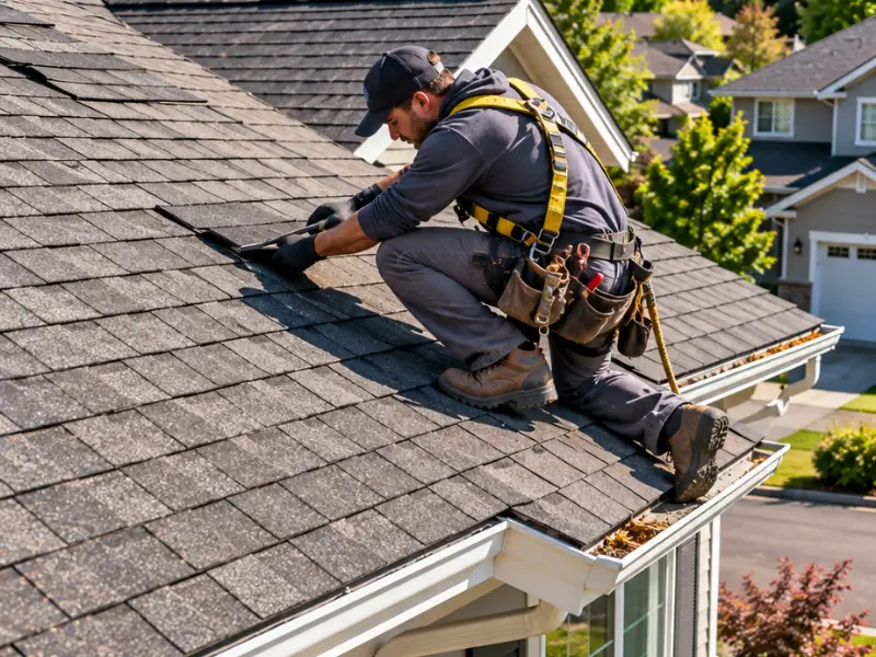 Roofer in a safety harness repairing shingles at the roof edge above a gutter. Roofer in a safety harness repairing shingles at the roof edge above a gutter.