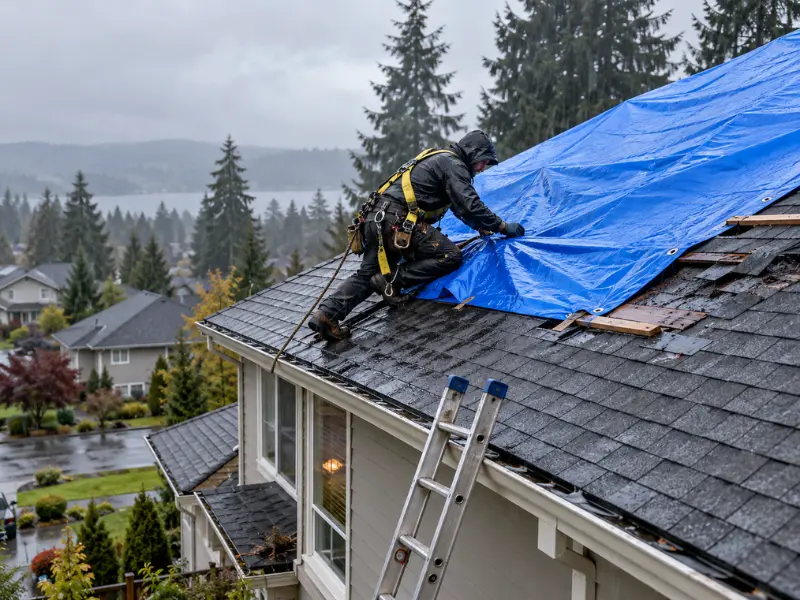 Roofer in a safety harness securing a blue tarp over a damaged section of roof in the rain to prevent leaks during an emergency roof repair.