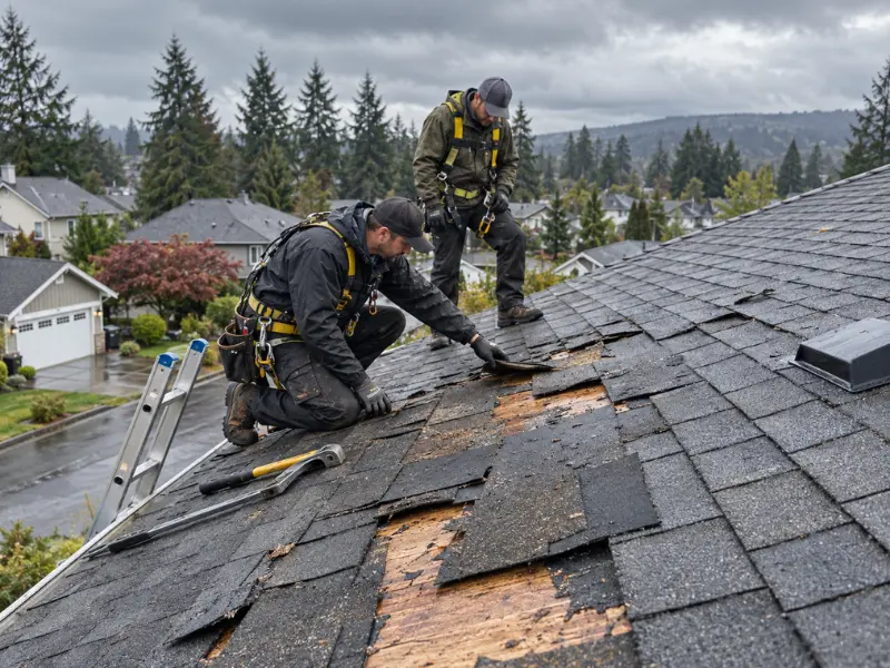 Two roofers in safety harnesses removing damaged shingles from exposed decking on a wet roof during an emergency roof repair after a storm. Two roofers in safety harnesses removing damaged shingles from exposed decking on a wet roof during an emergency roof repair after a storm.