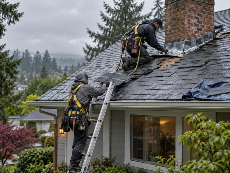 Two roofers on a ladder and sloped roof repairing missing shingles and flashing around a brick chimney as part of an emergency roof repair in wet weather. Two roofers on a ladder and sloped roof repairing missing shingles and flashing around a brick chimney as part of an emergency roof repair in wet weather.