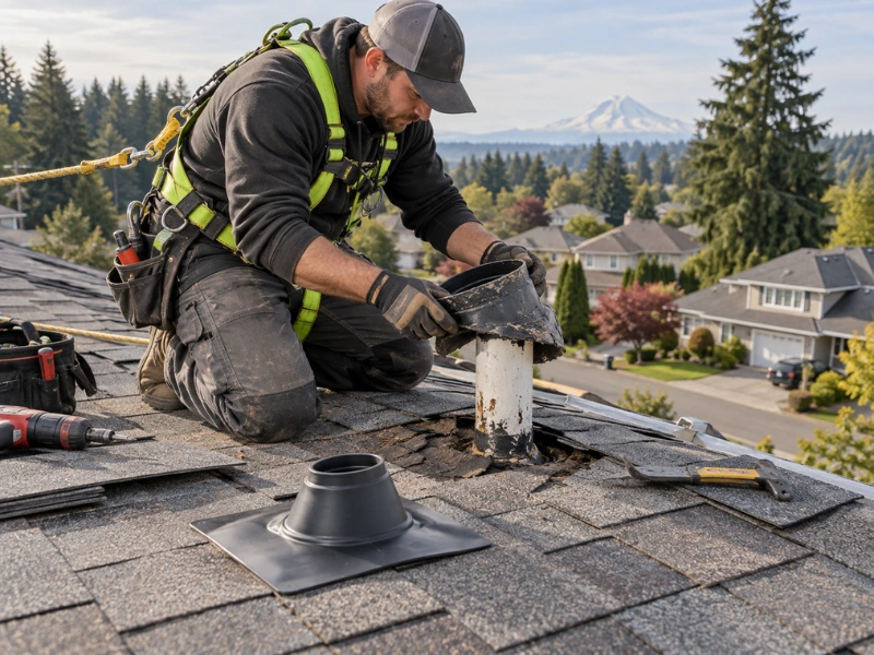 Roofer replacing a worn vent pipe flashing boot on an asphalt shingle roof as part of a roofing repair, with a new boot and tools nearby. Roofer replacing a worn vent pipe flashing boot on an asphalt shingle roof as part of a roofing repair, with a new boot and tools nearby.