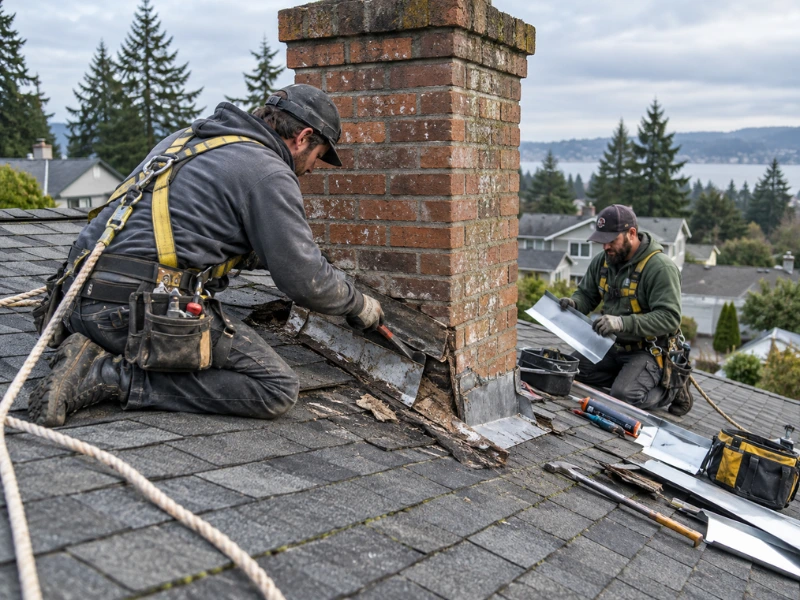 Two roofers in safety harnesses repairing damaged flashing and shingles around a brick chimney during a roofing repair. Two roofers in safety harnesses repairing damaged flashing and shingles around a brick chimney during a roofing repair.