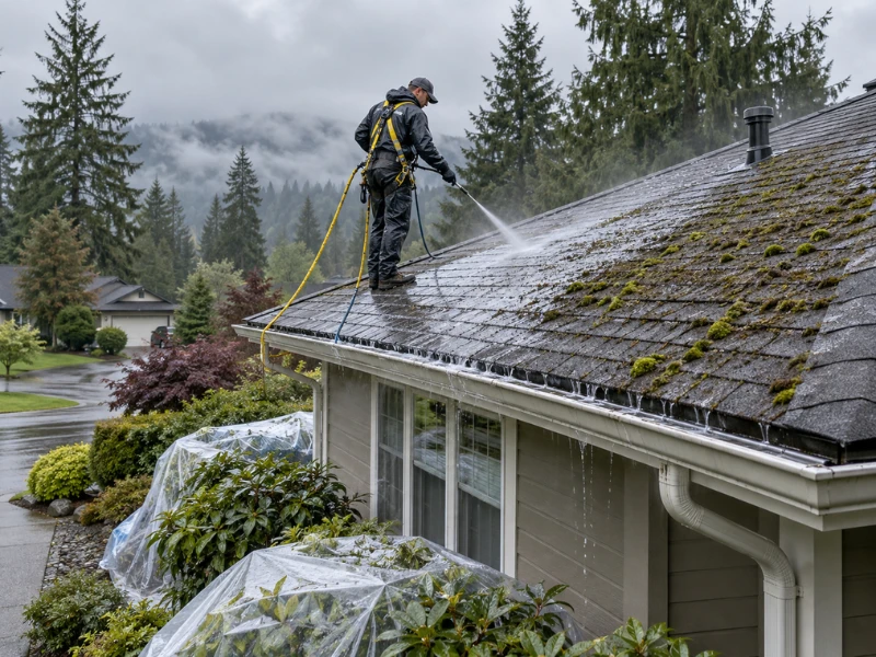 Roof cleaning professional in a safety harness washing a moss-covered shingle roof, with plants below covered with plastic.