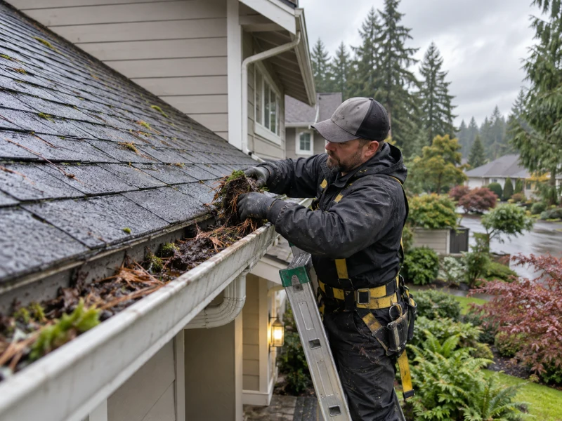 Roof cleaning technician on a ladder clearing moss and debris from a gutter along a shingle roof edge.
