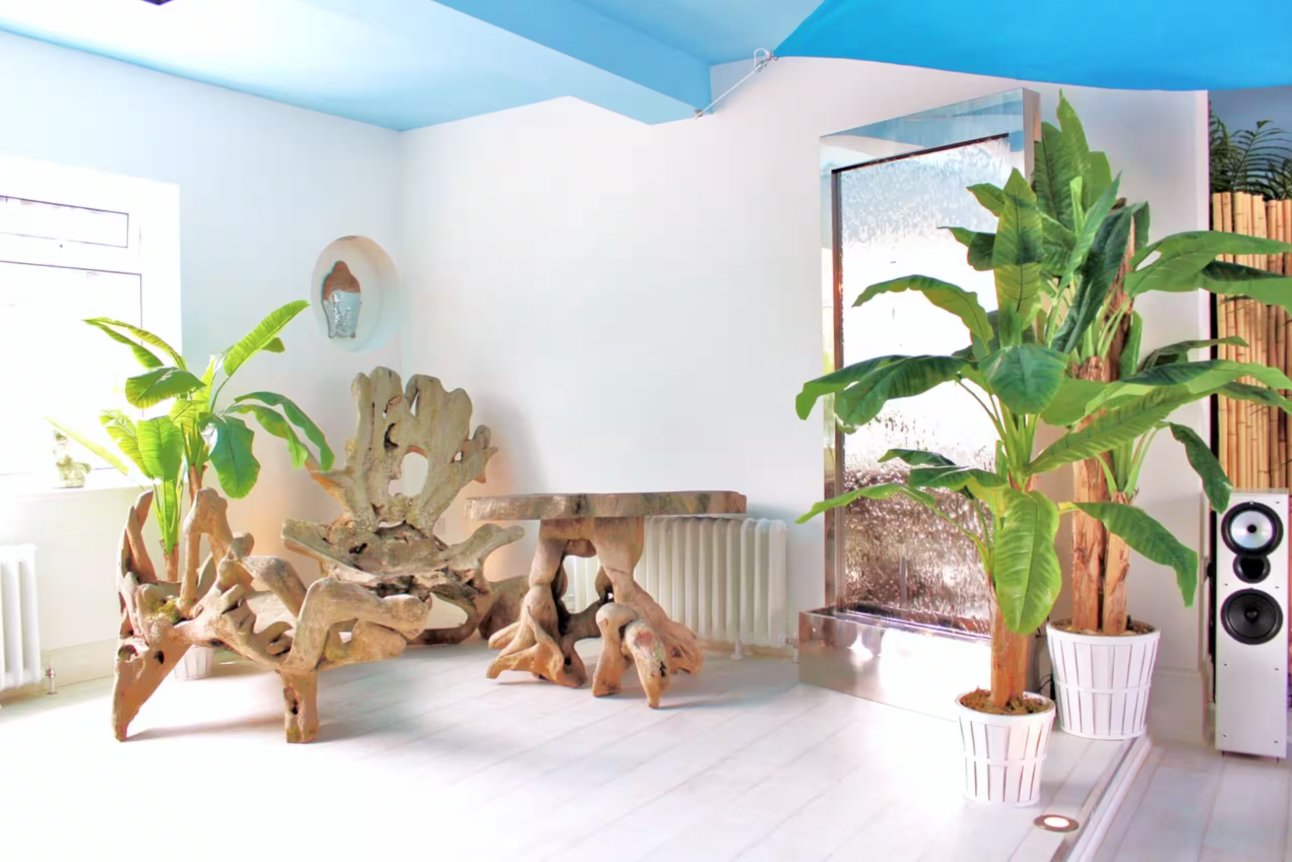 A decorative corner with driftwood furniture and tall plants