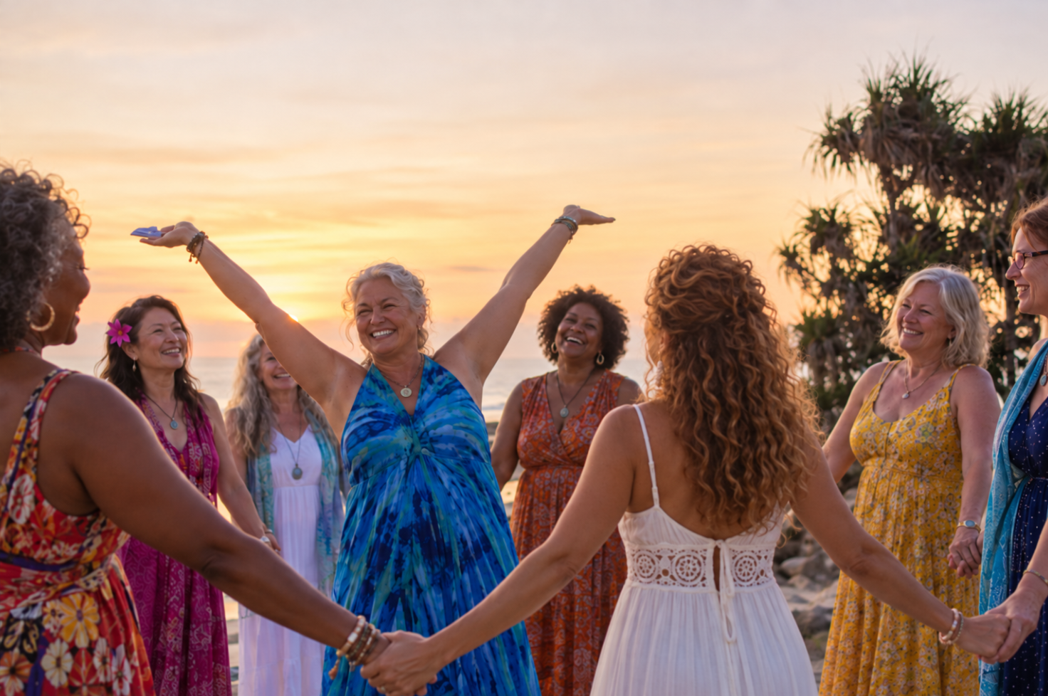 A joyful group of mature women together, celebrating this weekend of reflection and play