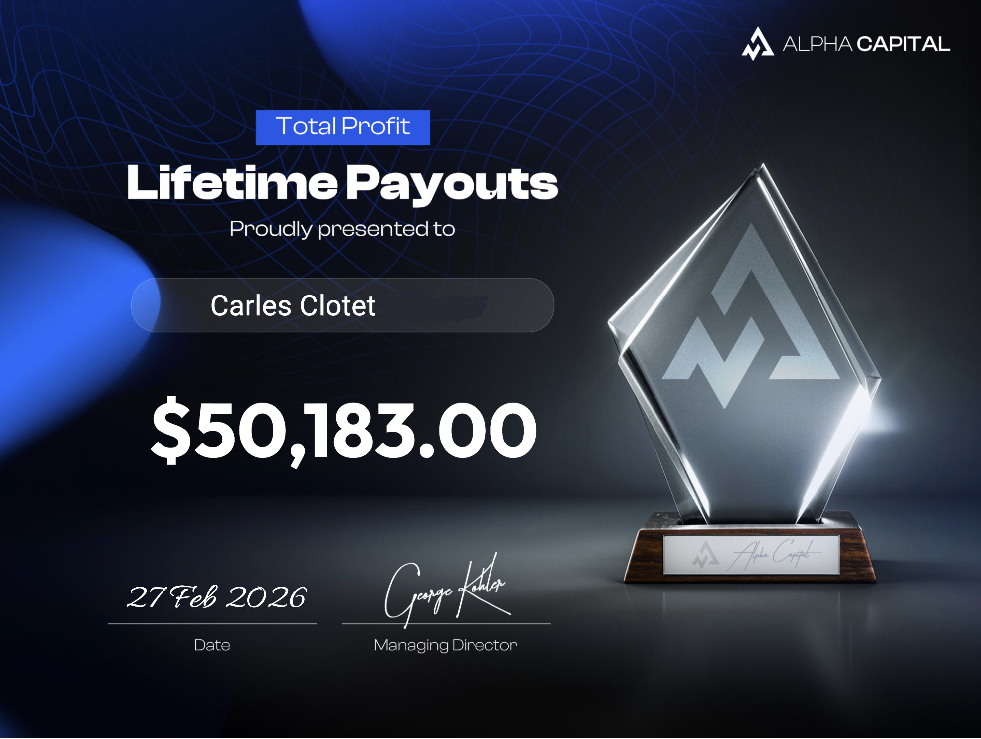 Lifetime Payouts — $50.183,00
