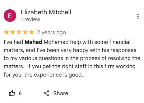 Client review of Mahad Mohamed and Tax Partners, number 13