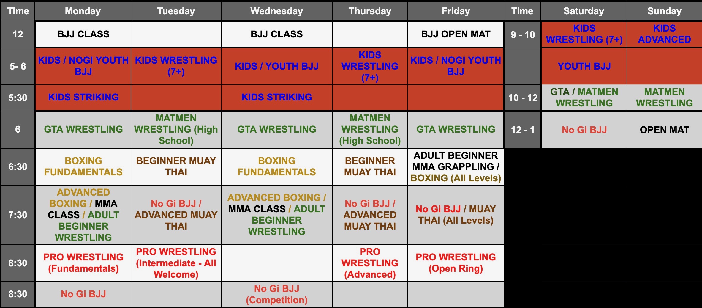 Battle Arts Academy Amateur Wrestling, Boxing, BJJ, Muay Thai, Pro Wrestling, Kids wrestling, kids bjj, kids striking, Adult bjj, Nogi Bjj Schedule 