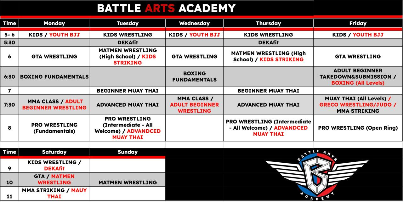 Battle Arts Academy Amateur Wrestling, Boxing, BJJ, Muay Thai, Pro Wrestling, Kids wrestling, kids bjj, kids striking, Adult bjj, Nogi Bjj Schedule 