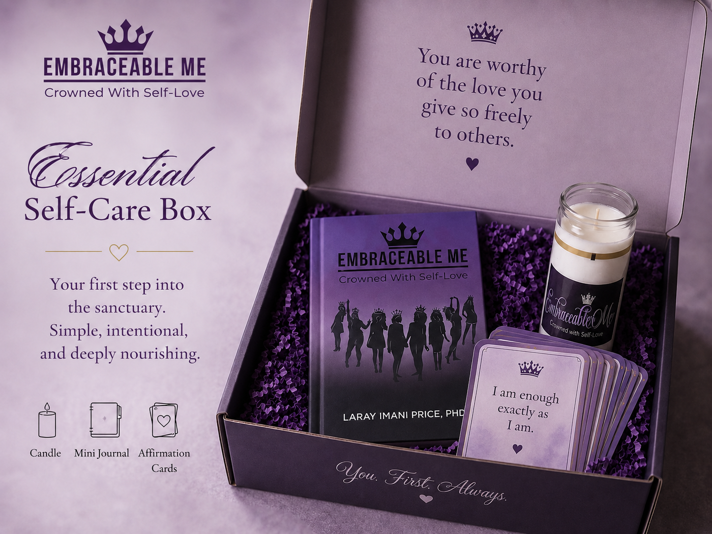 Premium Serenity Box: Candle set, guided meditation download, affirmation pack, full journal. Whole. Worthy. Unlimited.