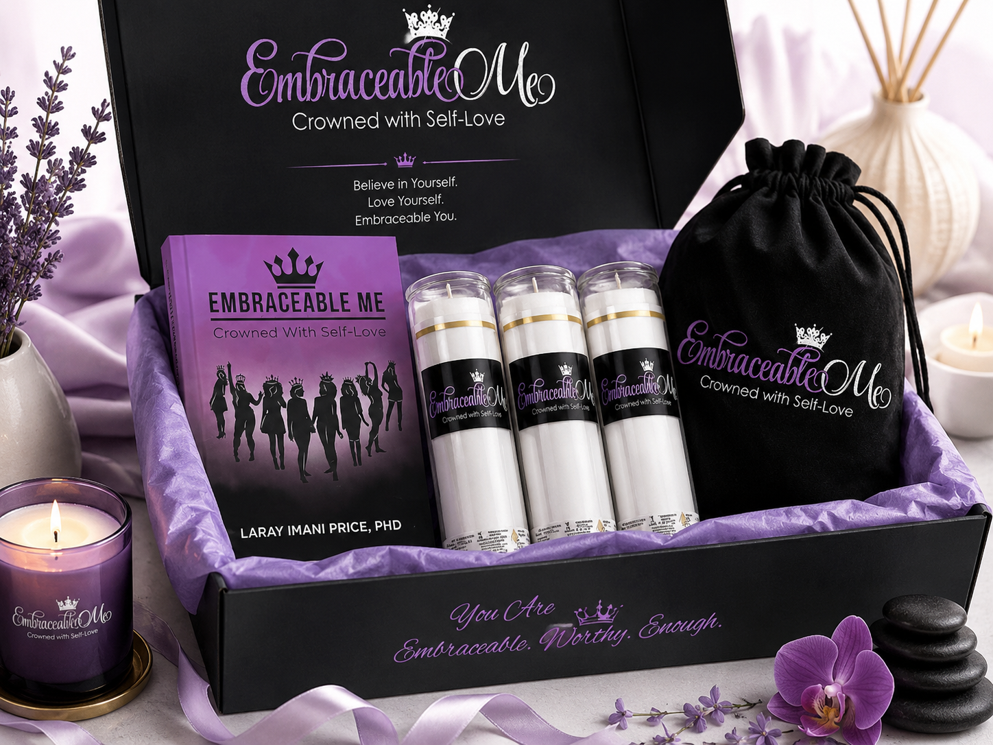 Deluxe Renewal Box: Full-size candle, Crowned Calm tea blend, amethyst crystal, journal. Restore. Reflect. Renew.