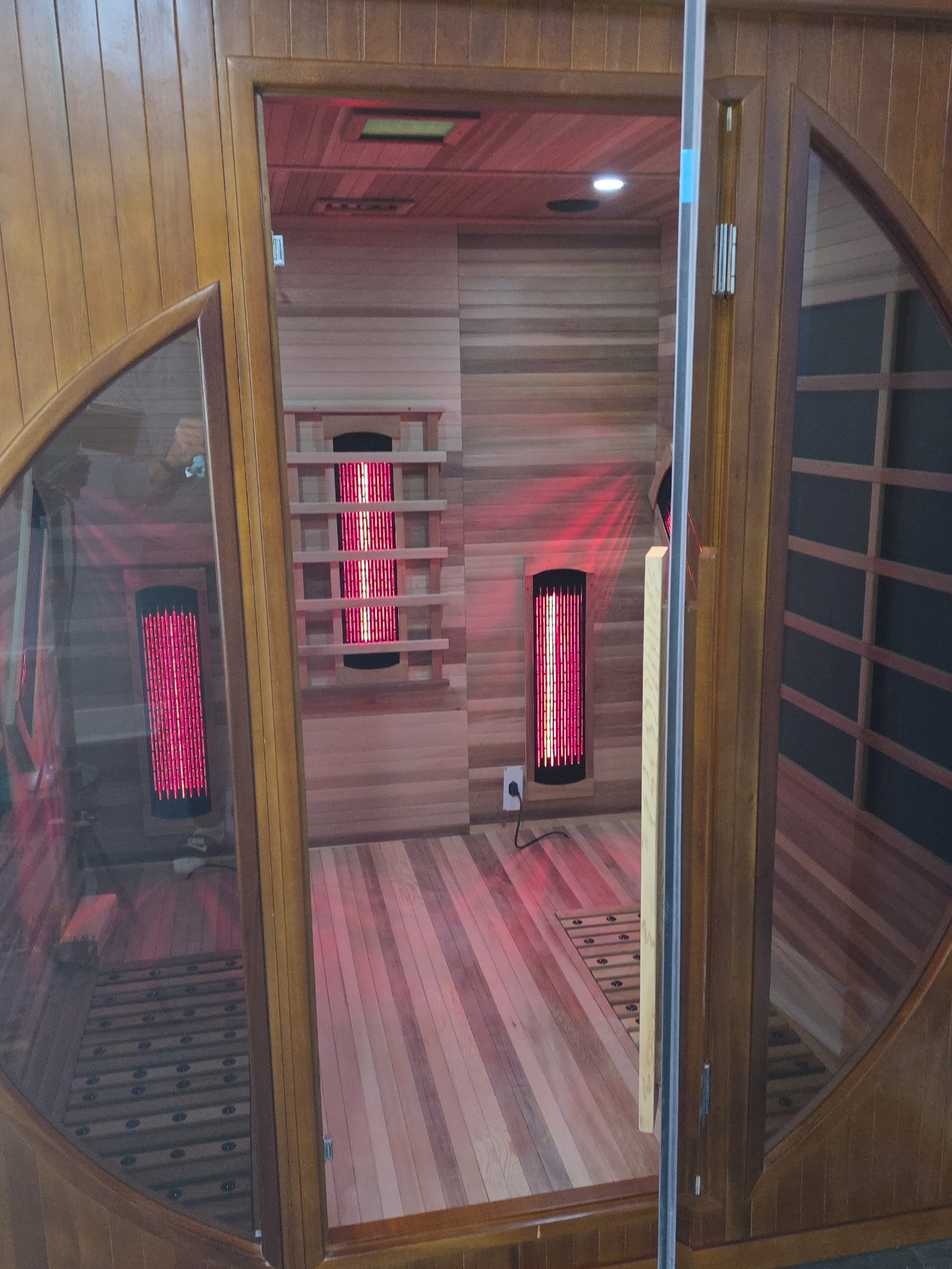 Infrared wellness lighting inside the basement sauna
