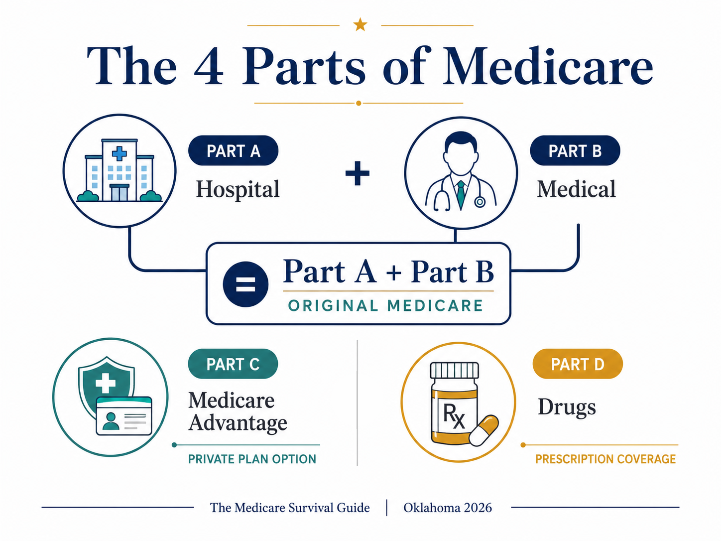 Chart showing the four parts of Medicare: Part A hospital, Part B medical, Part C Medicare Advantage, and Part D drugs