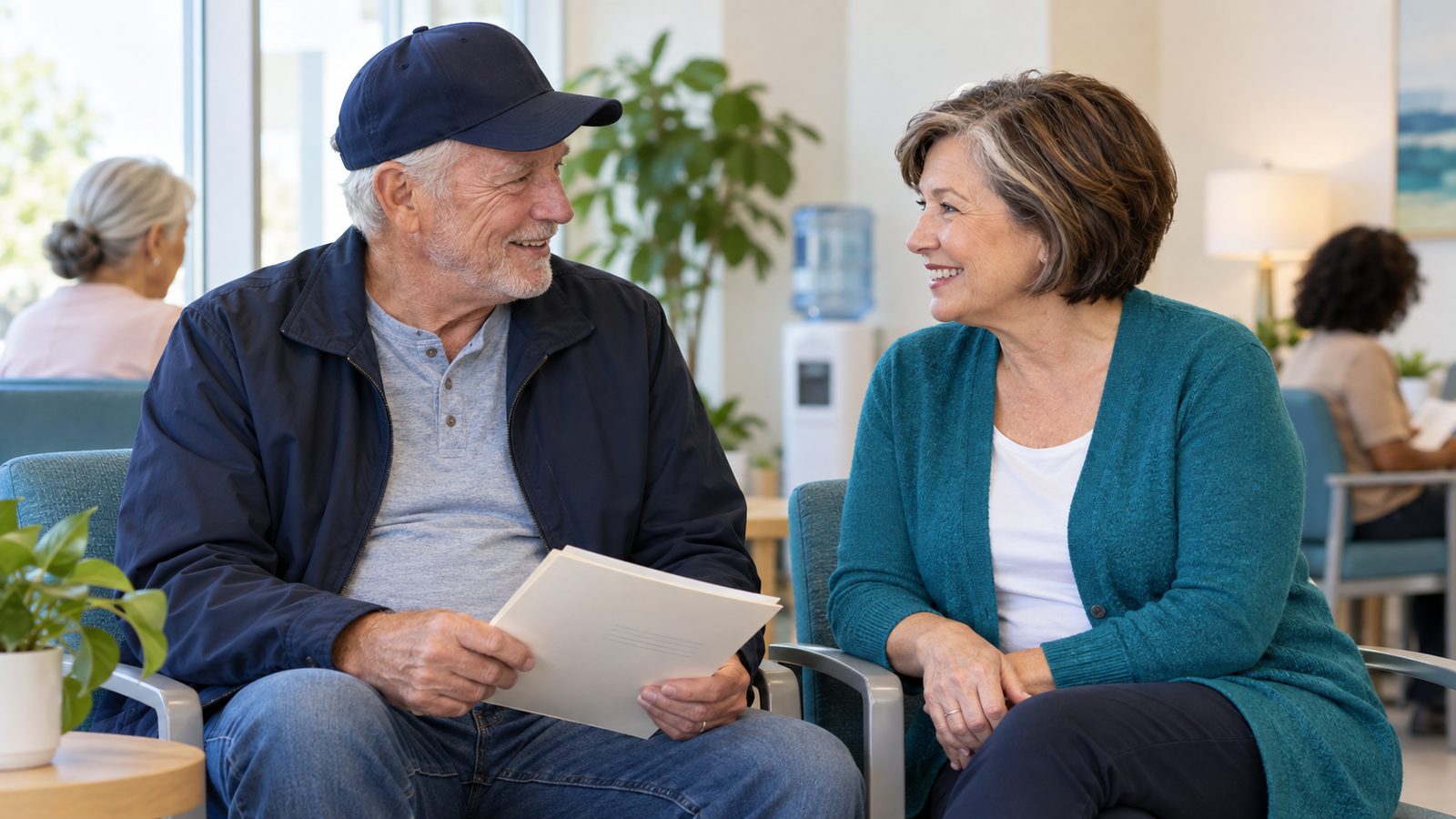 A couple waits comfortably in a Medicare office lounge before an appointment