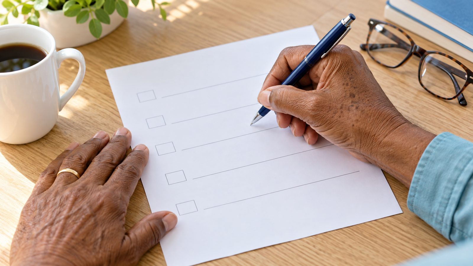 Close-up of a hand completing a Medicare enrollment checklist next to a cup of coffee