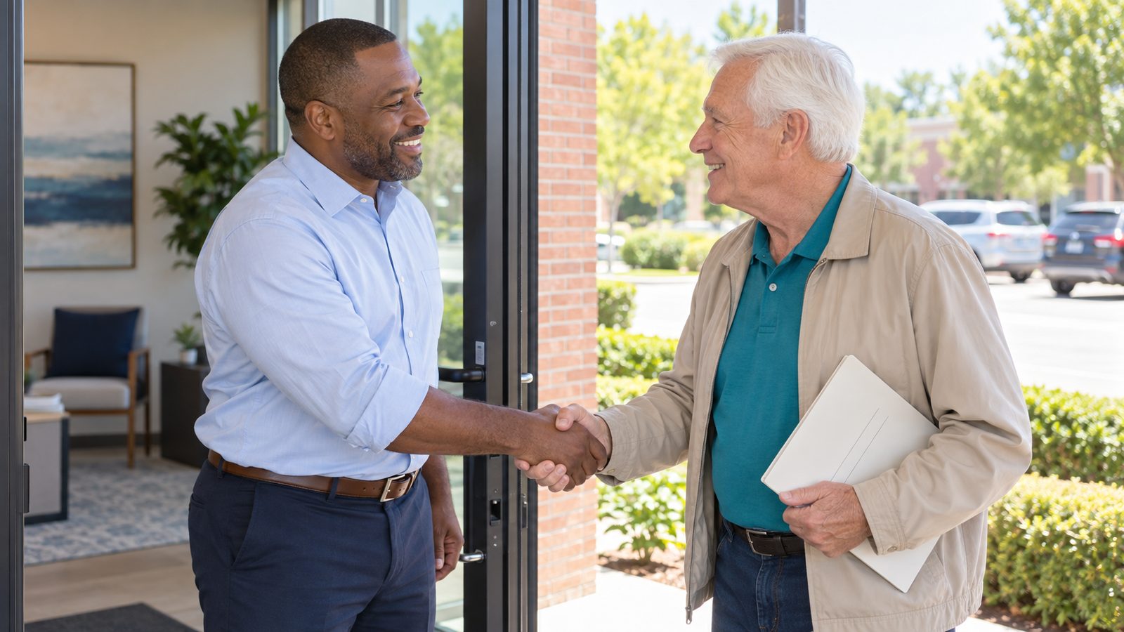 A Medicare advisor greets a client with a handshake at the office door
