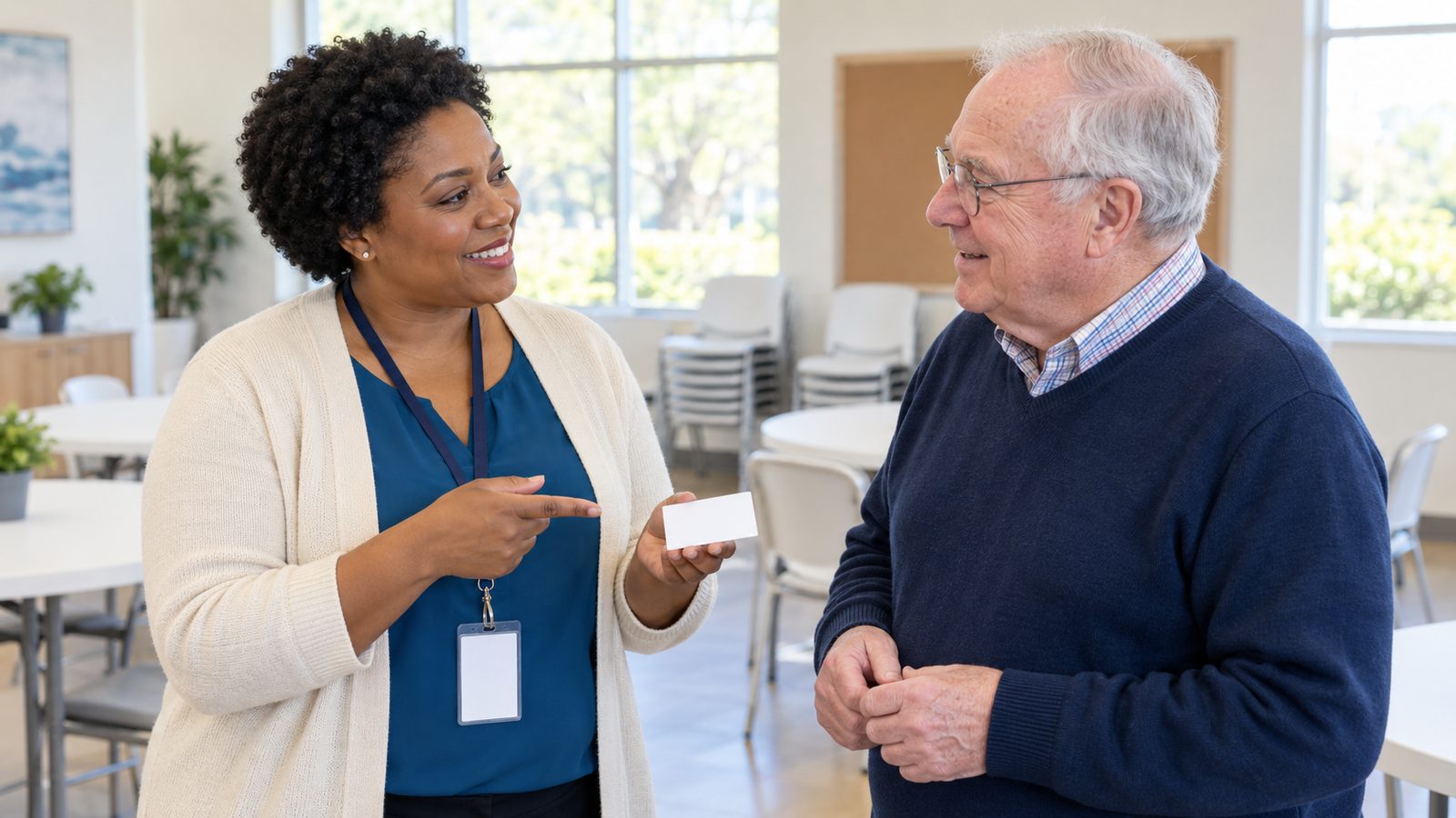 A licensed agent hands her business card to a client at a community workshop