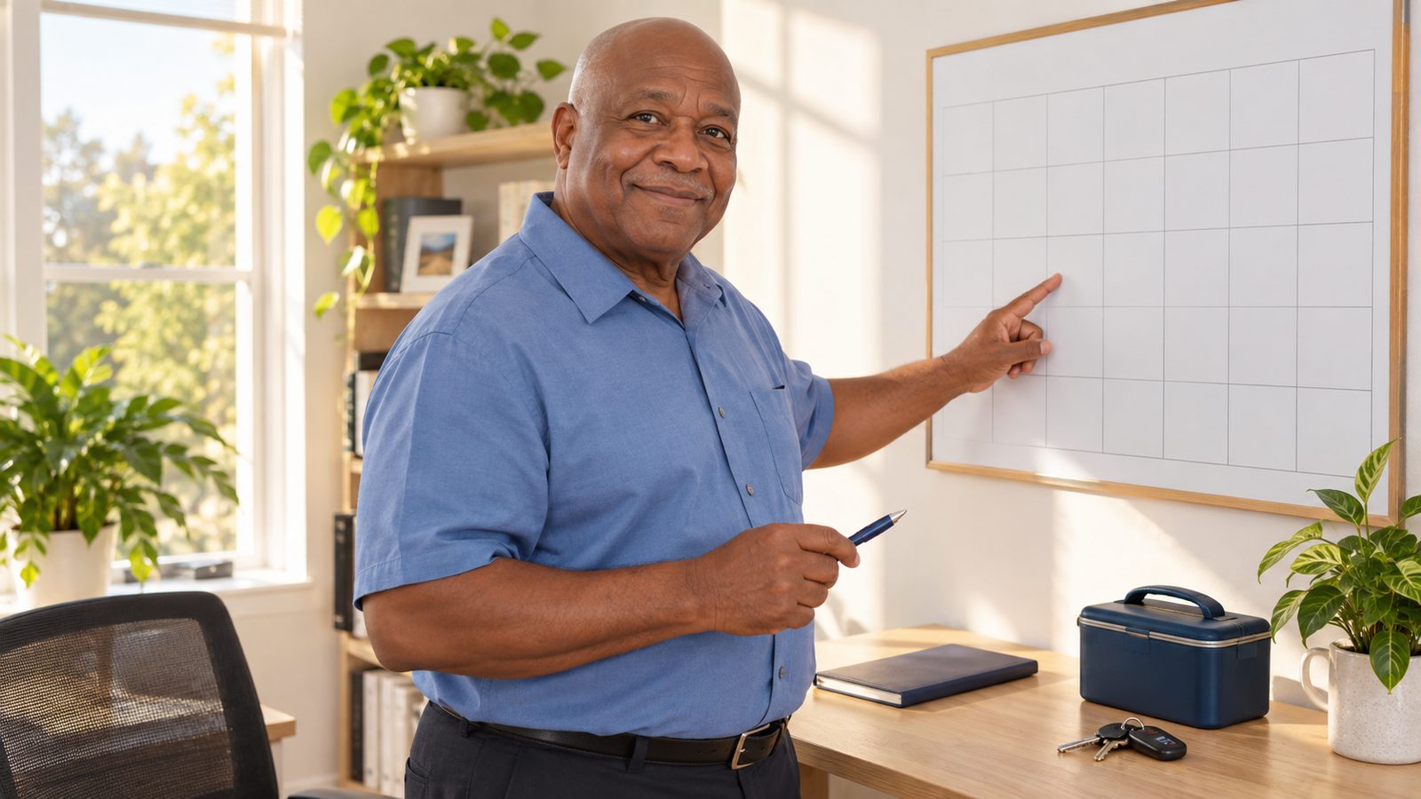 A Medicare advisor points to a wall calendar while explaining an enrollment window
