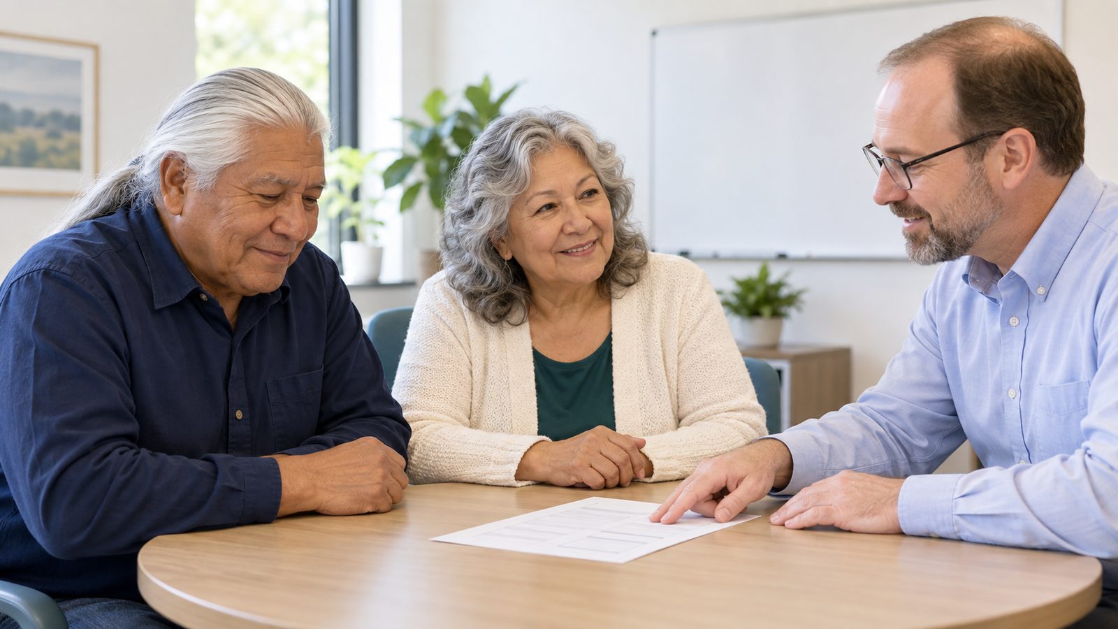 A licensed agent walks a couple through the parts of Medicare at a conference table