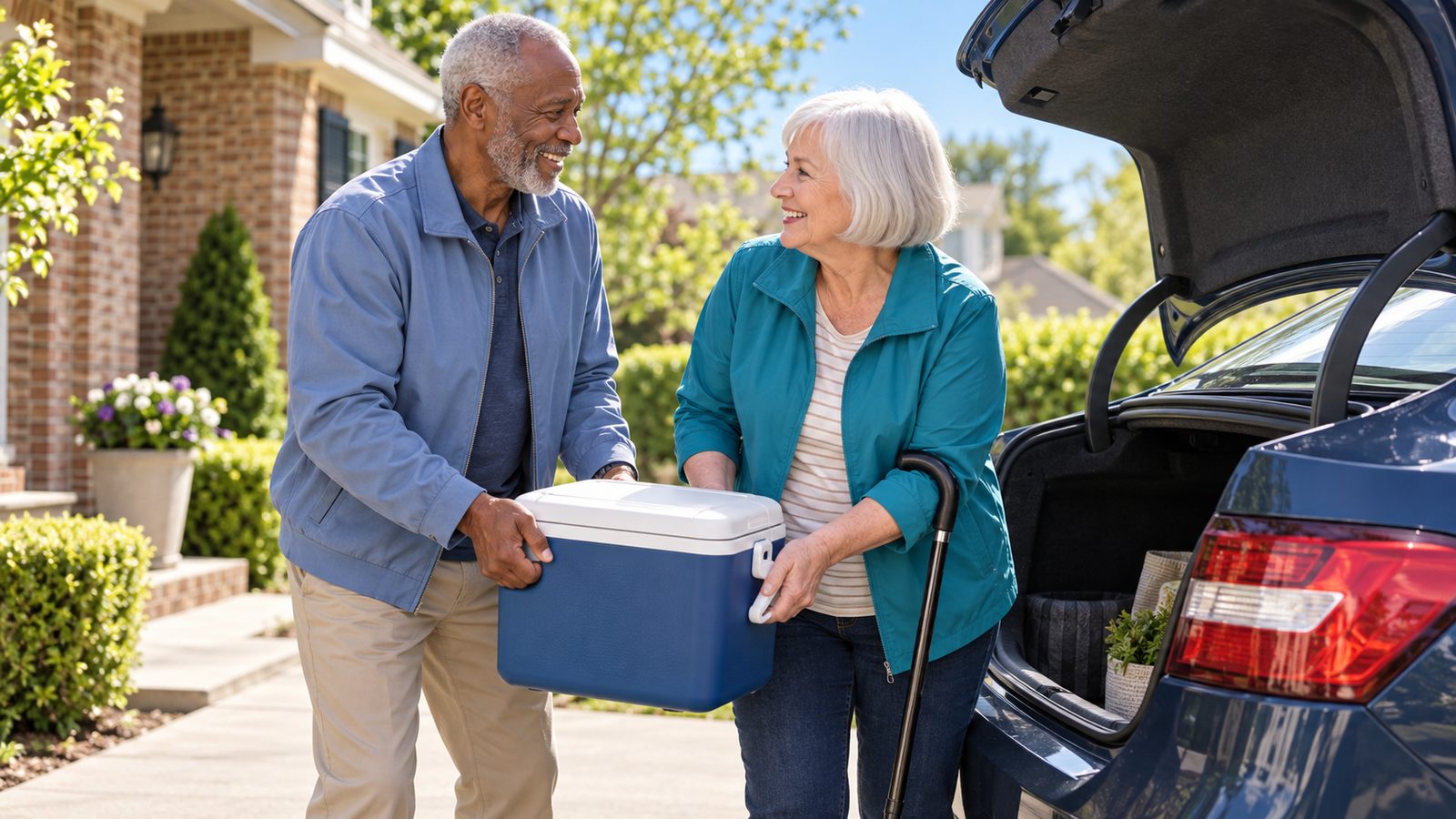 A retired couple loads a cooler into their car for a road trip