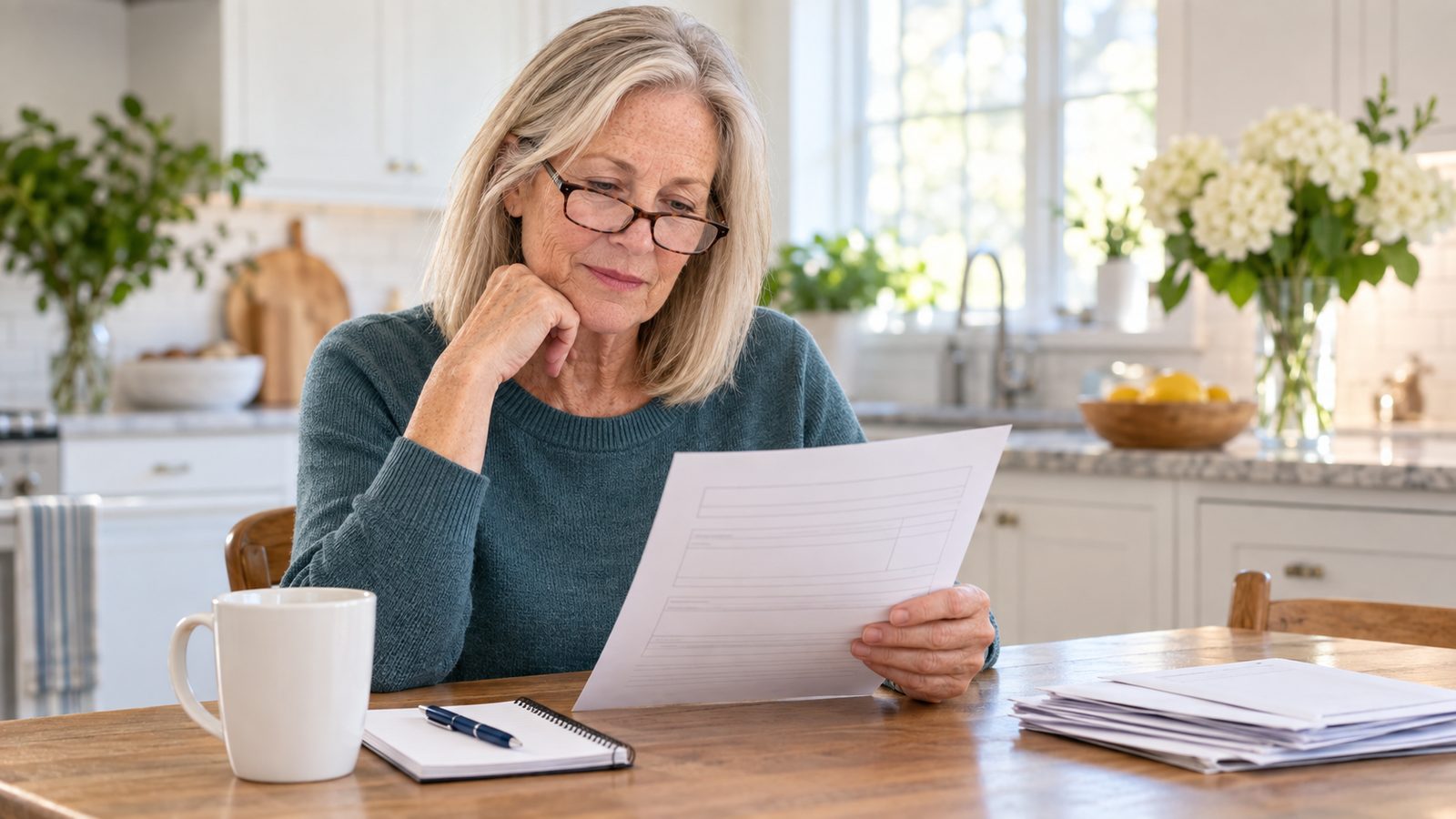 A woman at her kitchen table reads a letter about her Medicare premium