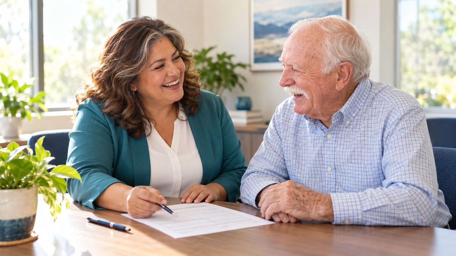 A licensed agent reviews Medicare Supplement paperwork with a client