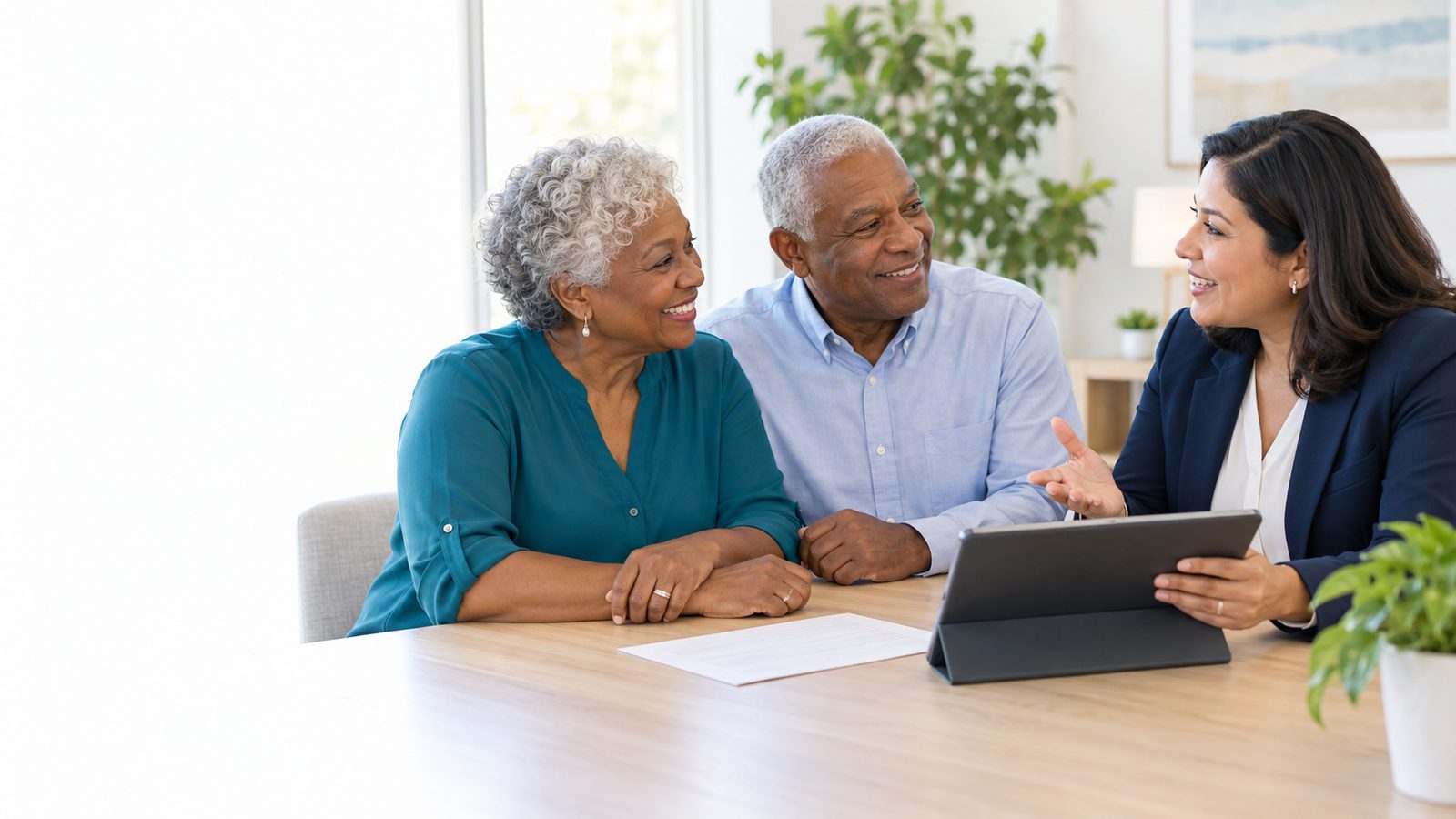 An agent shows a couple plan options on a tablet in a bright office