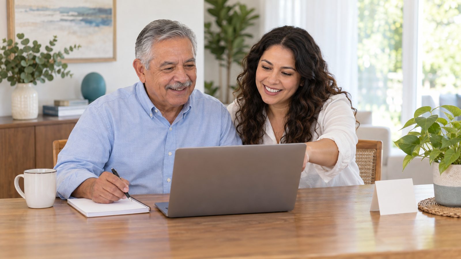 An agent compares plan costs with a client on a laptop