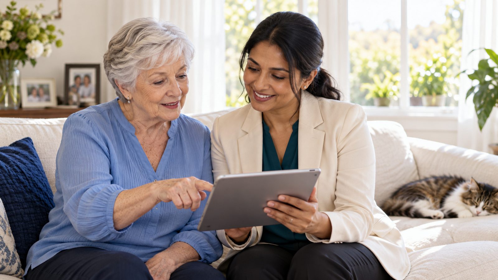 An advisor reviews a prescription drug list with a client on a tablet at home