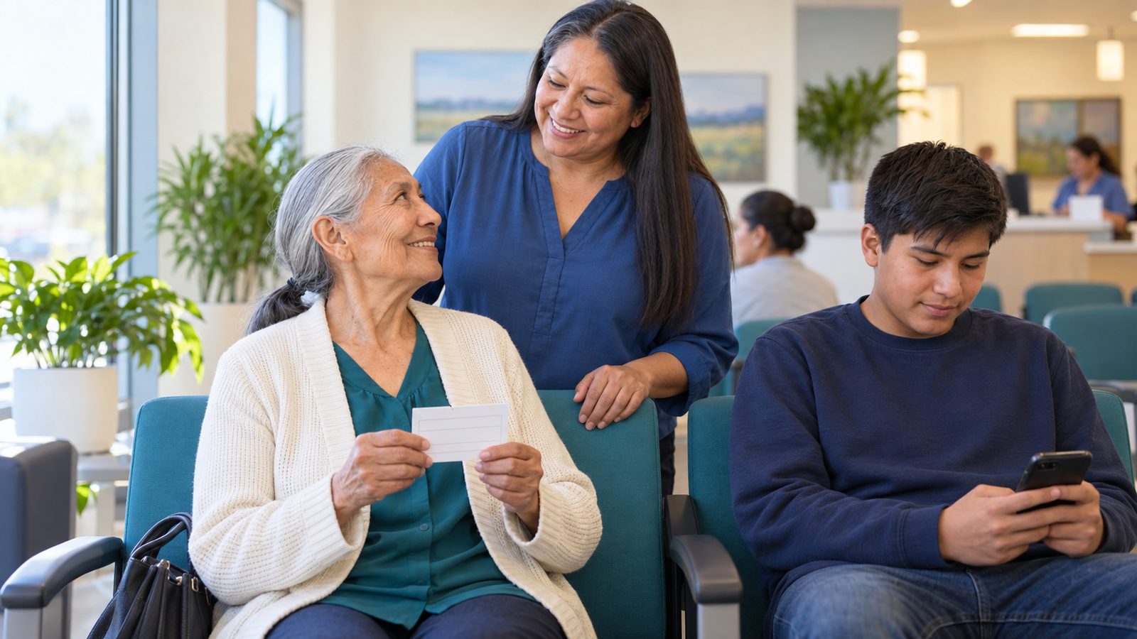 A grandmother, her daughter and grandson wait together in a clinic lobby