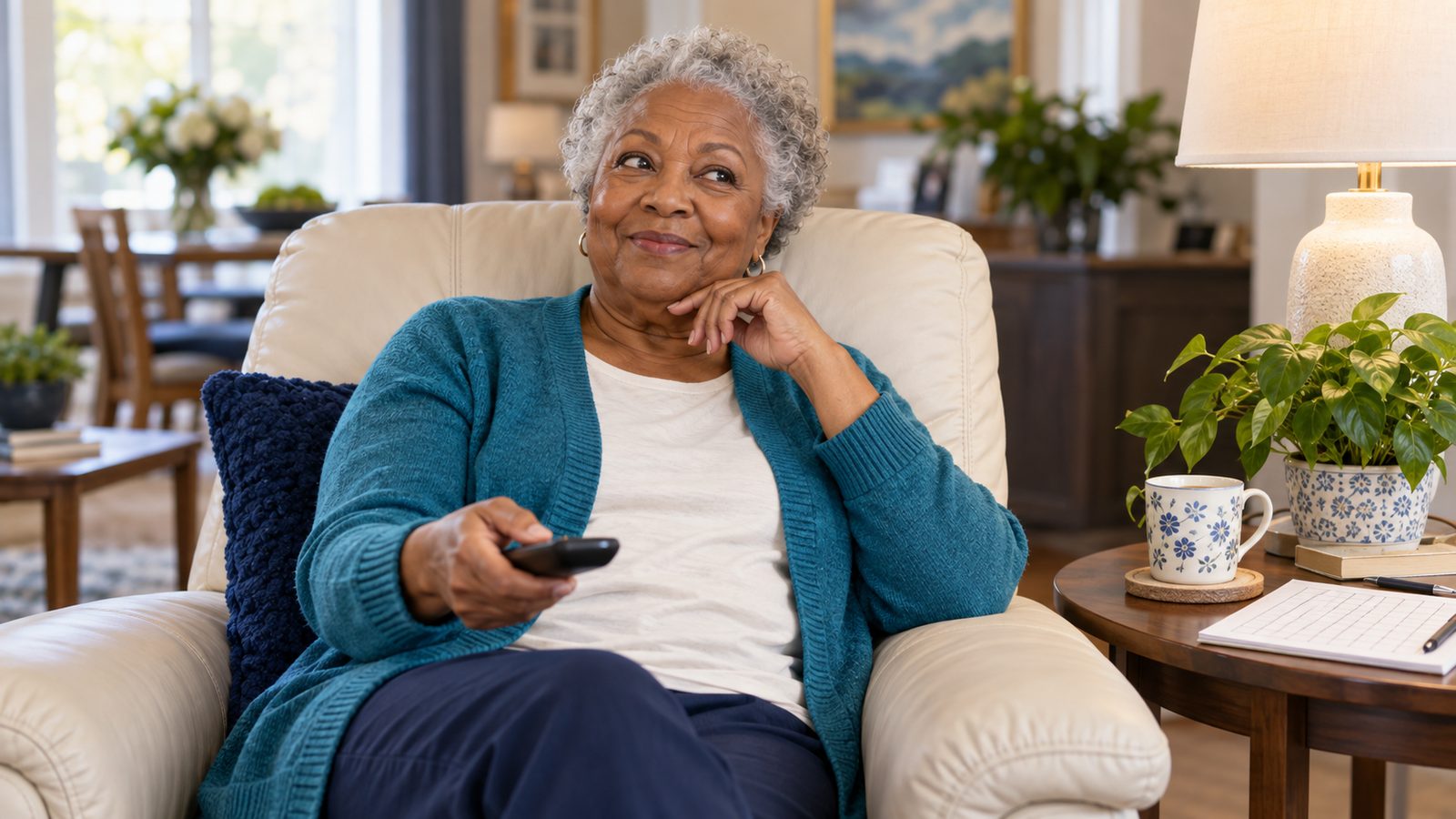 A woman relaxes in her living room with the TV remote, thinking about Medicare Advantage ads
