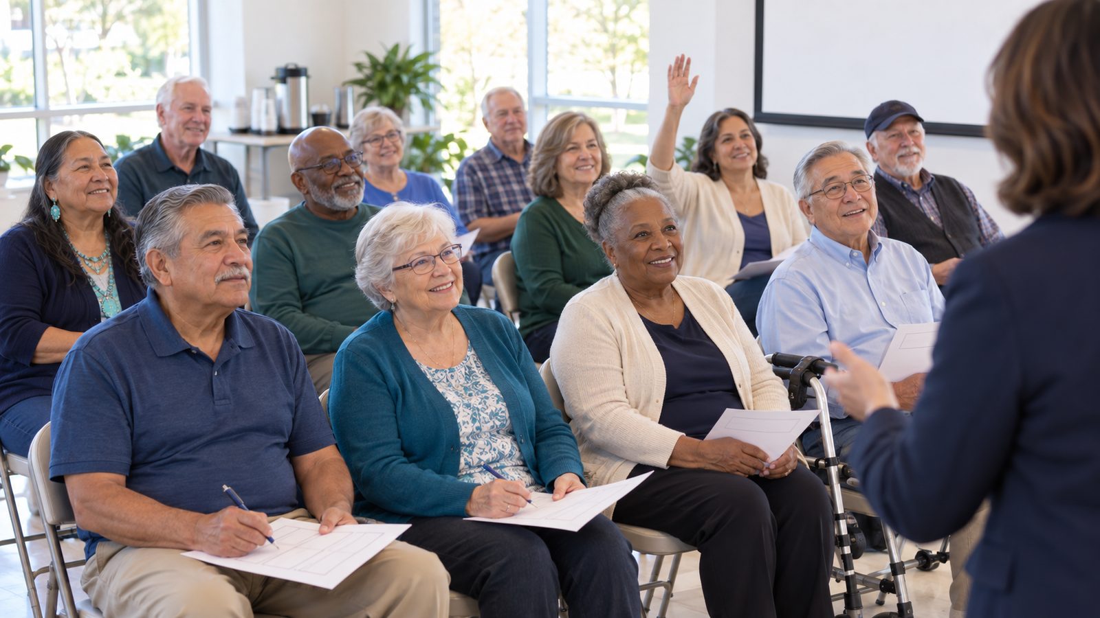 Seniors take notes during a complimentary Medicare workshop