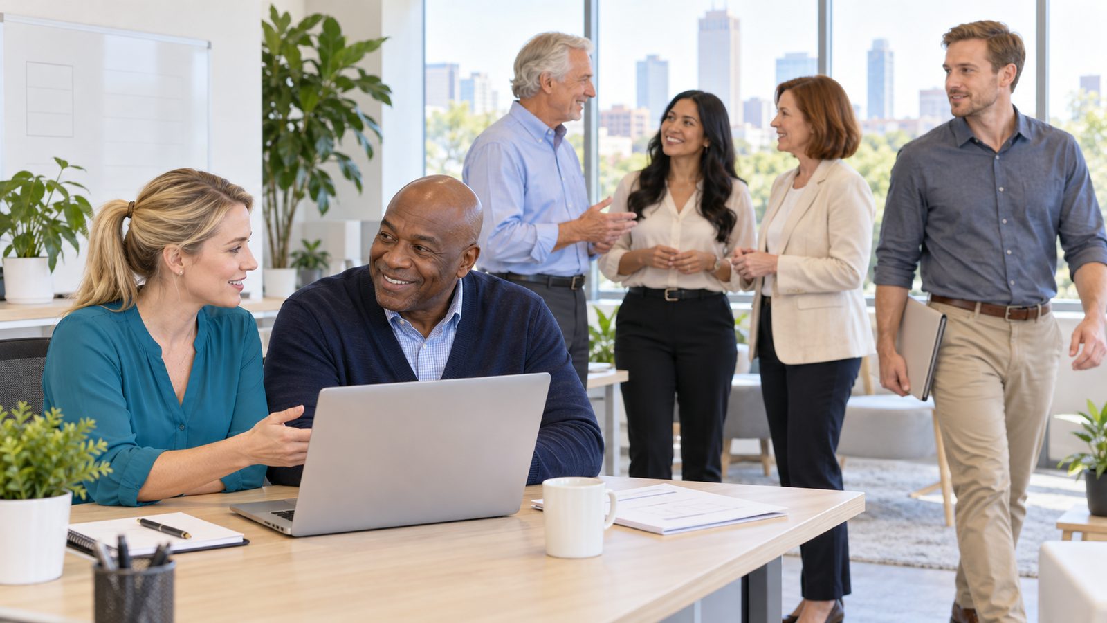 Medicare advisors review a plan network with clients on a laptop in a busy office