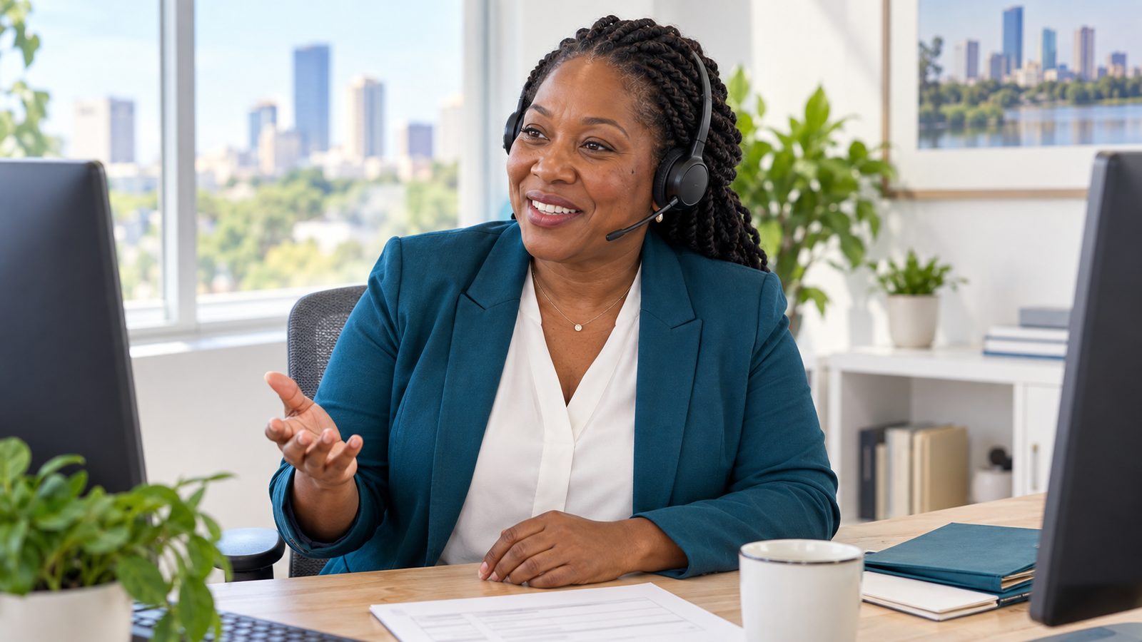 A Medicare advisor on a headset helps a client by phone from her office