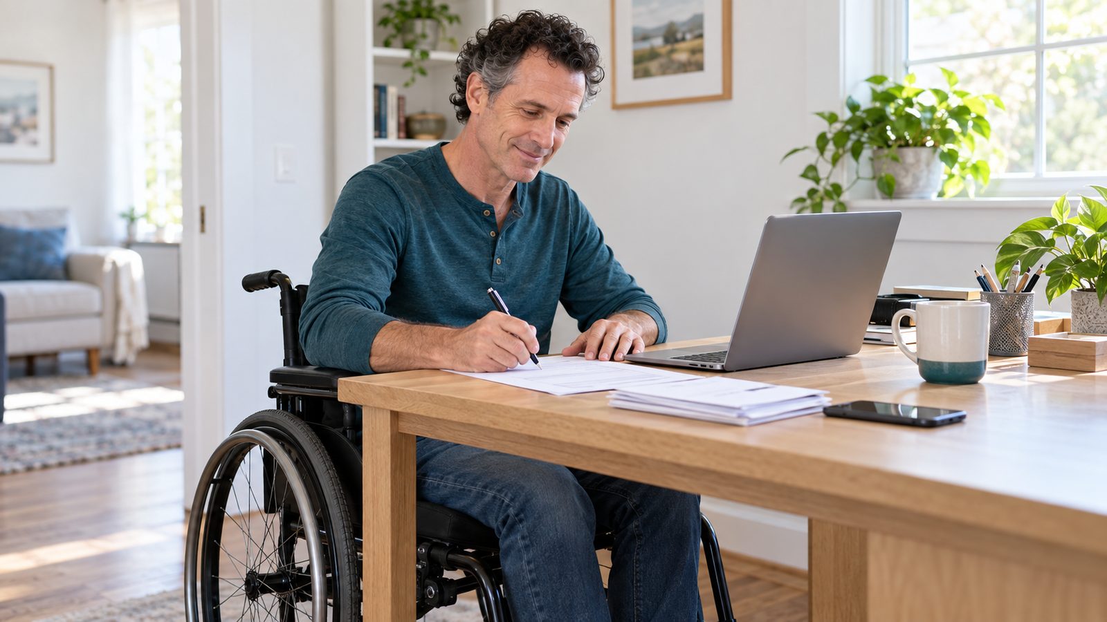 A man who uses a wheelchair works through Medicare paperwork at his laptop