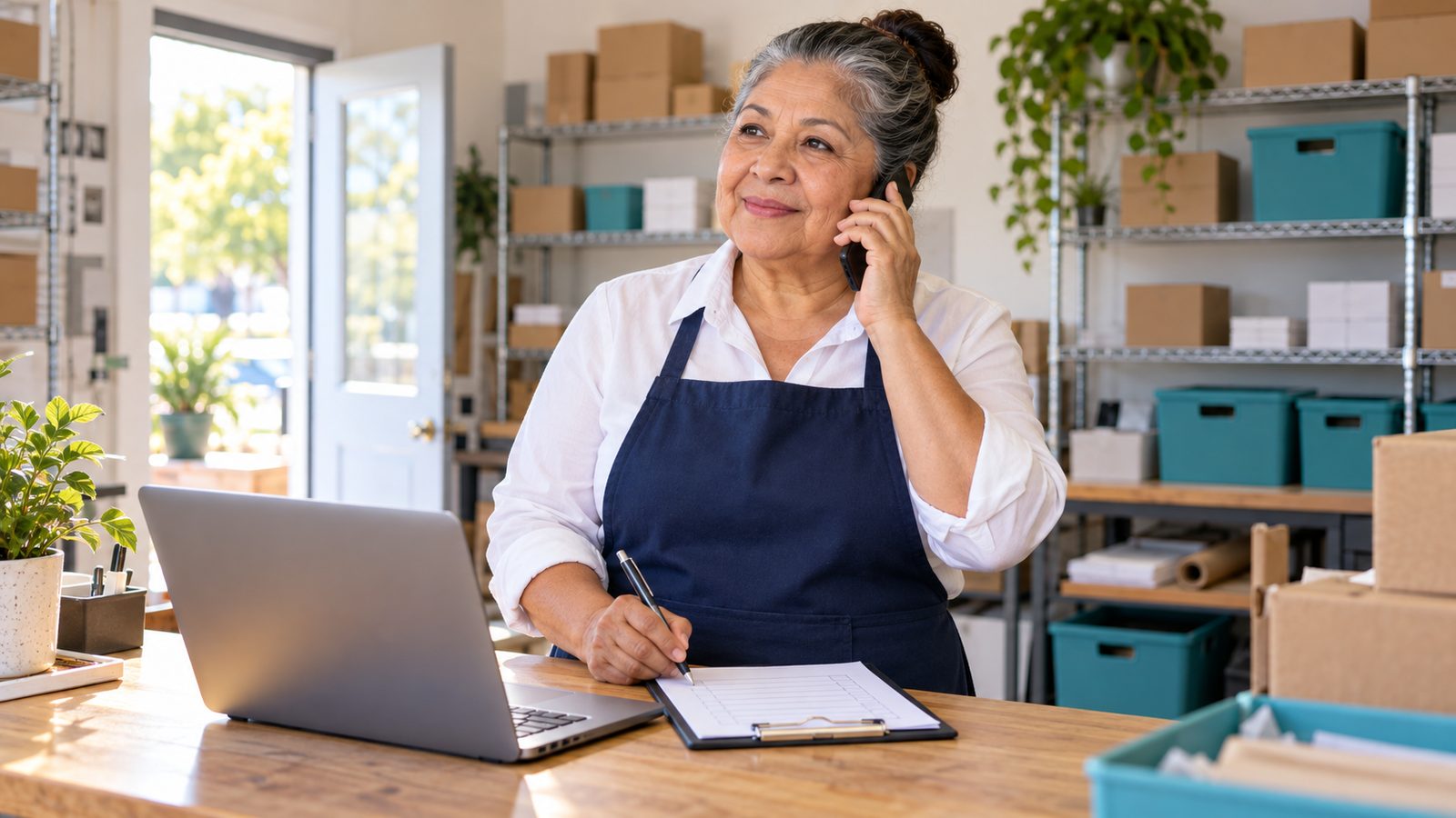 A small business owner takes a call about Medicare from her shop