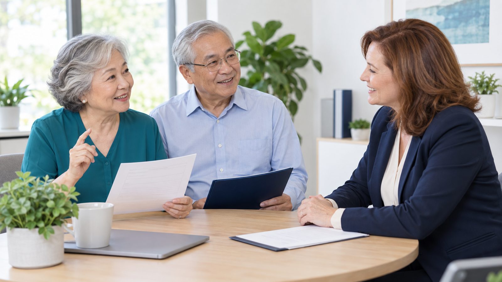 A couple reviews Medicare paperwork with a licensed agent at an office table