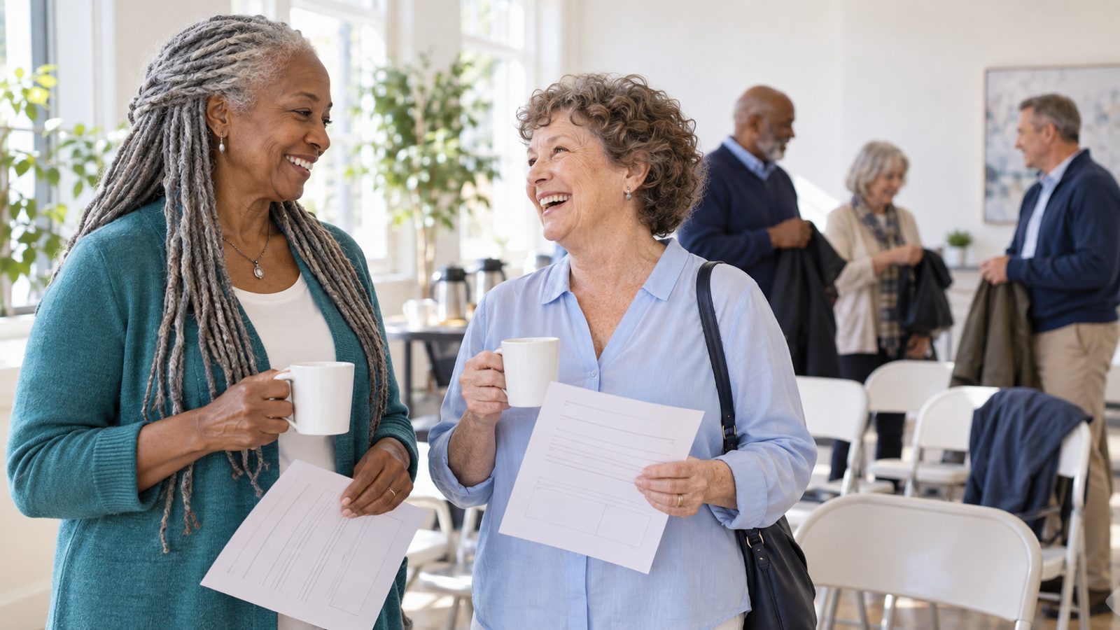 Two women compare Medicare plan papers over coffee at a workshop