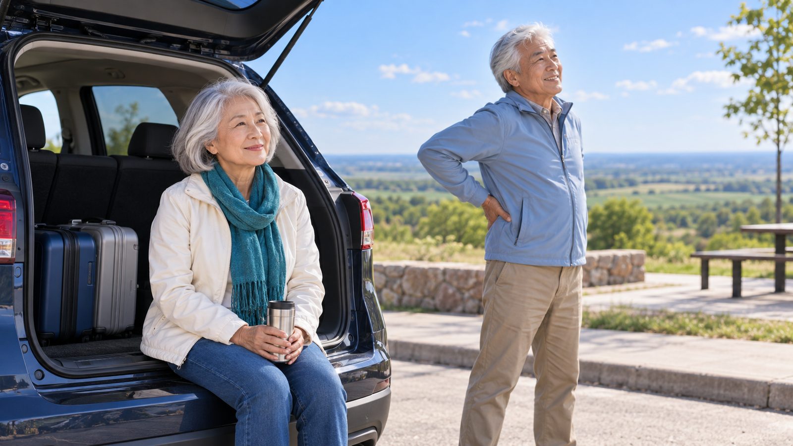 A couple enjoys a scenic overlook on a road trip