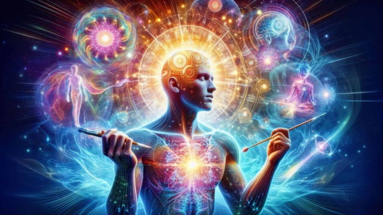 A silhouette of a person appears to leap from a cliff, accompanied by a dog, as golden swirls enhance the dramatic motion. To the right, a futuristic digital human face, constructed from circuit-like lines and nodes, emerges against a gradient blue-green backdrop. This image symbolizes the intersection of humanity and technology, evoking themes of artificial intelligence, digital transformation, and the bold leap into an unknown future.