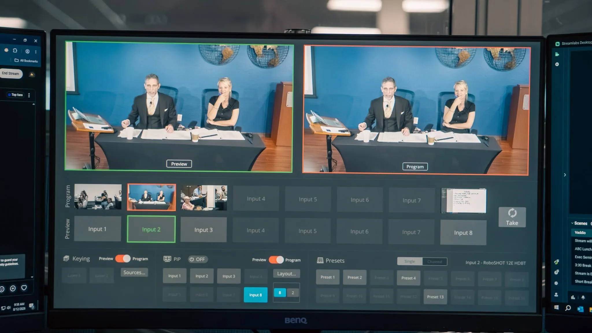 The live-stream control desk showing preview and program feeds of the seminar